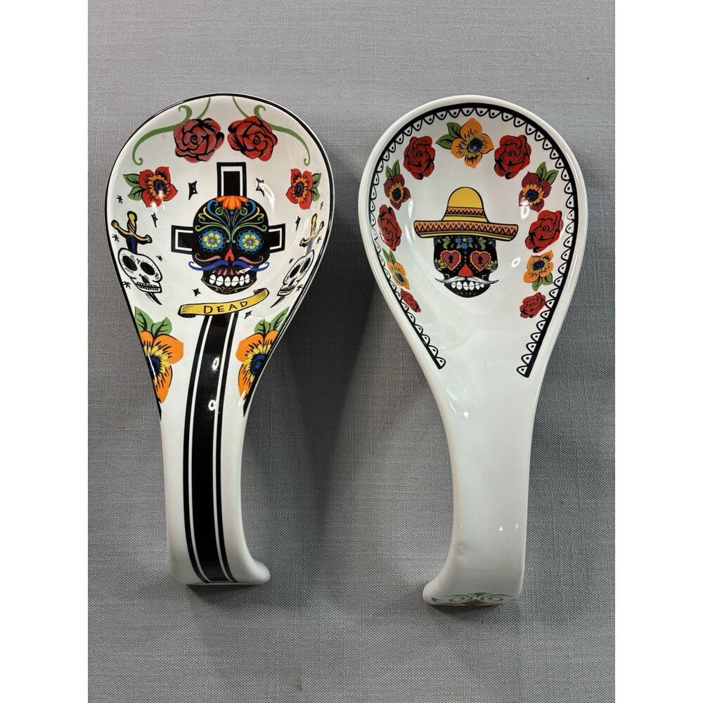 Coventry Day of the Dead Spoon Rest Set Skull & Roses Porcelain Kitchen Decor